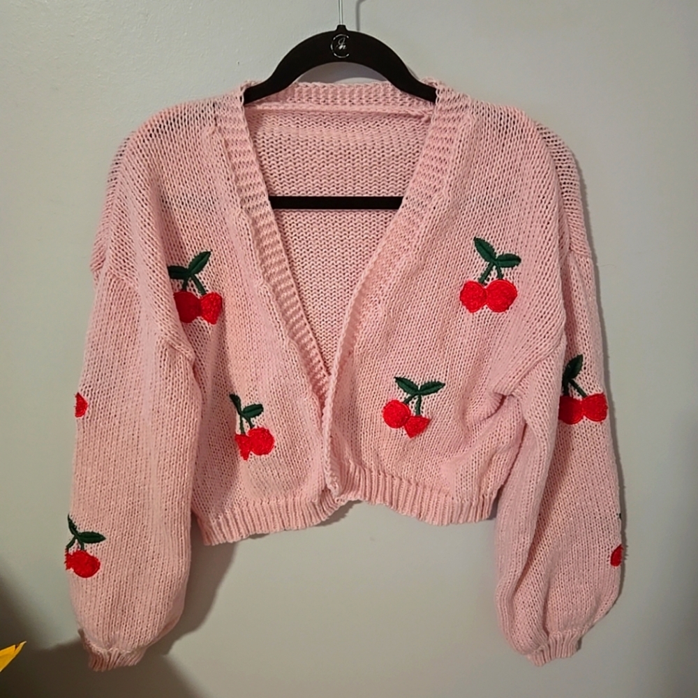 Pink Cherry Embroidered Sweater